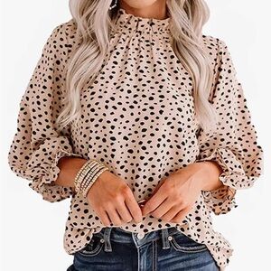 Avanova Women Polka Dot Long Sleeve Blouse Shirts Work Mock Neck Ruffle Top, XL